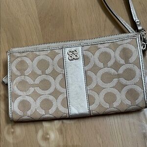 Coach Silver and Tan Patterned Wristlet